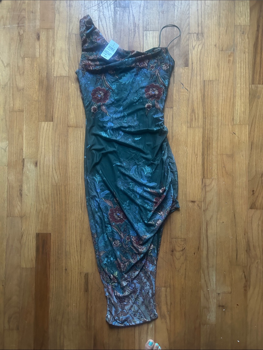Windsor One-Shoulder Dark Green Floral Slip Dress